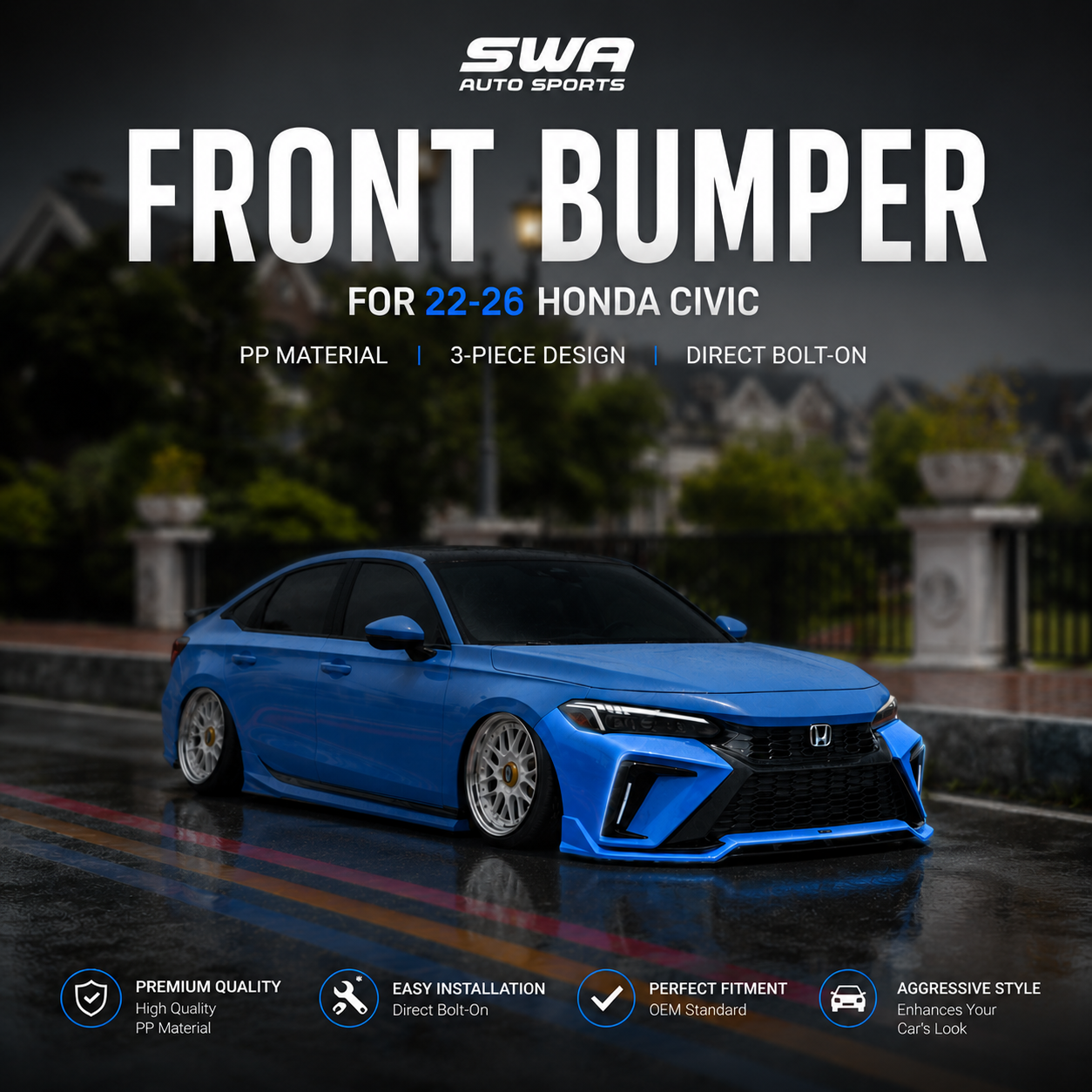 
                  
                    SWA 2022-2026 11th Gen Honda Civic Sedan and Hatchback Yofer Night Shadow Color Matched 3 PC Front Bumper with Day Running Light By YOFER DESGIN
                  
                